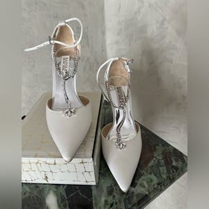Badgley Mischka White Satin Pointed T-Strap Heels with Crystal Accents